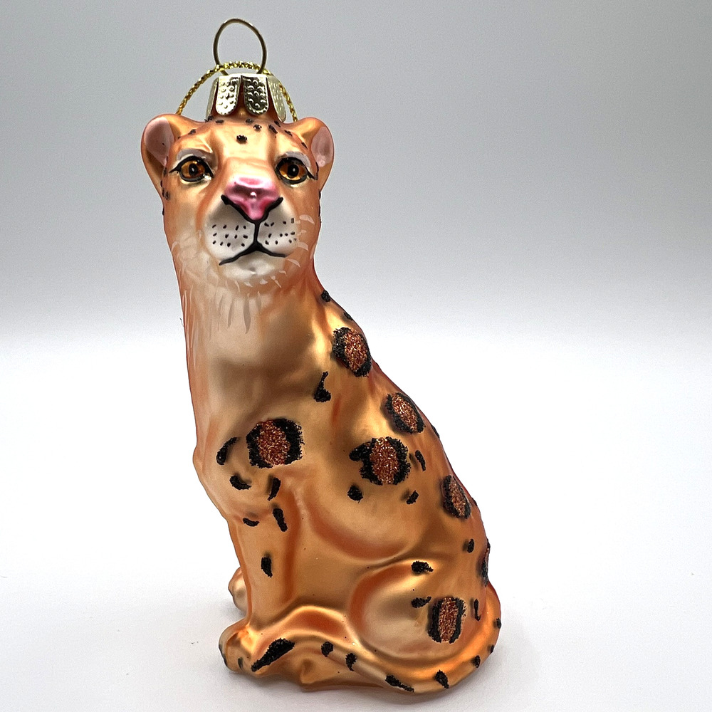 Cheetah Animal Glass and Glitter Christmas Ornament, 4.25" Tall EUC